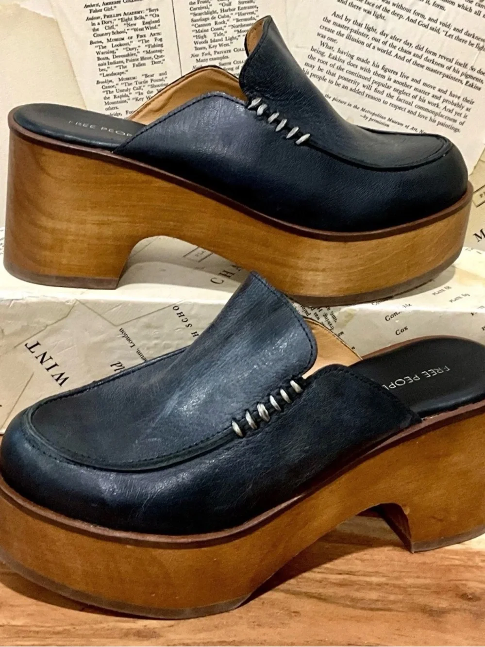 Free People Stitch Time On Platform Mule Clog Black Leather Sample